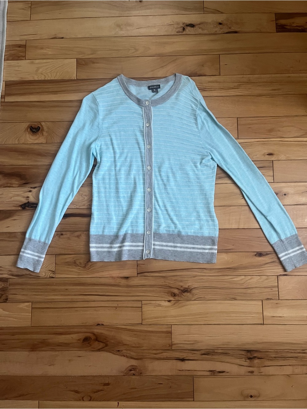 Eddie Bauer Cotton Blend Light Blue Cardigan with Gray Trim